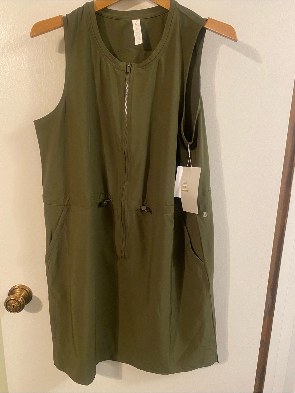 Zella Olive Green Sleeveless Zip-Front Dress